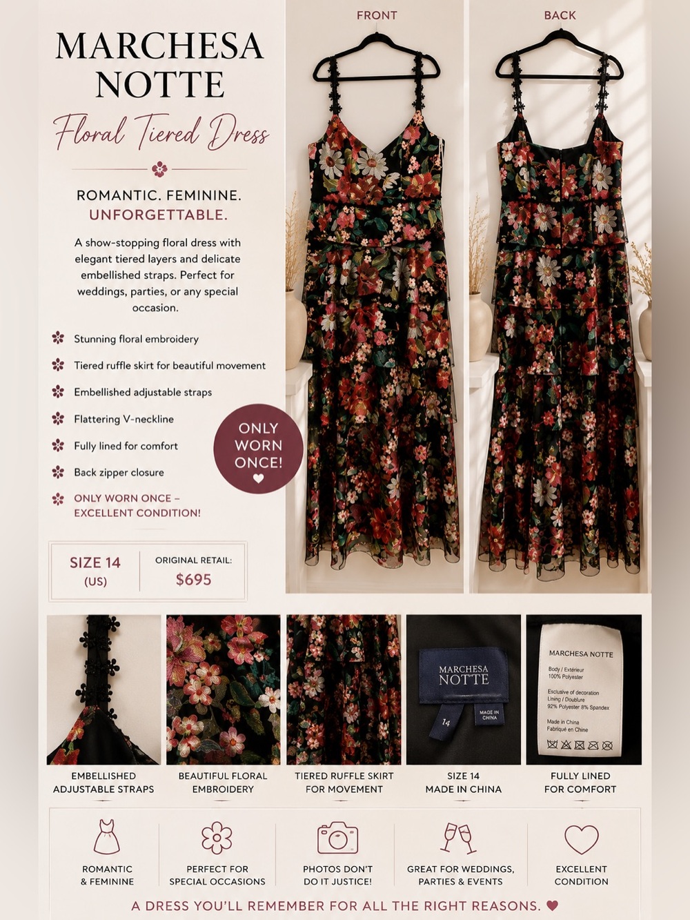Marchesa Notte Black Dress with Navy Label